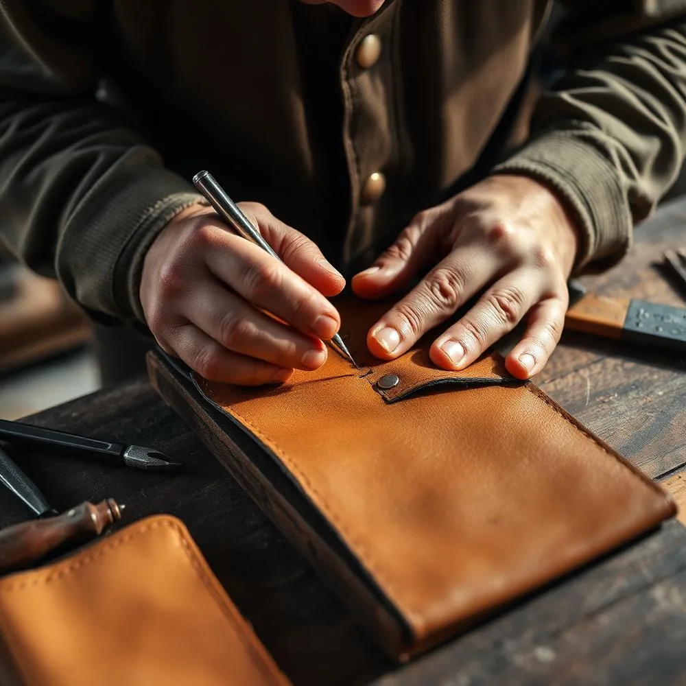Artisan hand-stitching full-grain leather at the ZYRO workshop